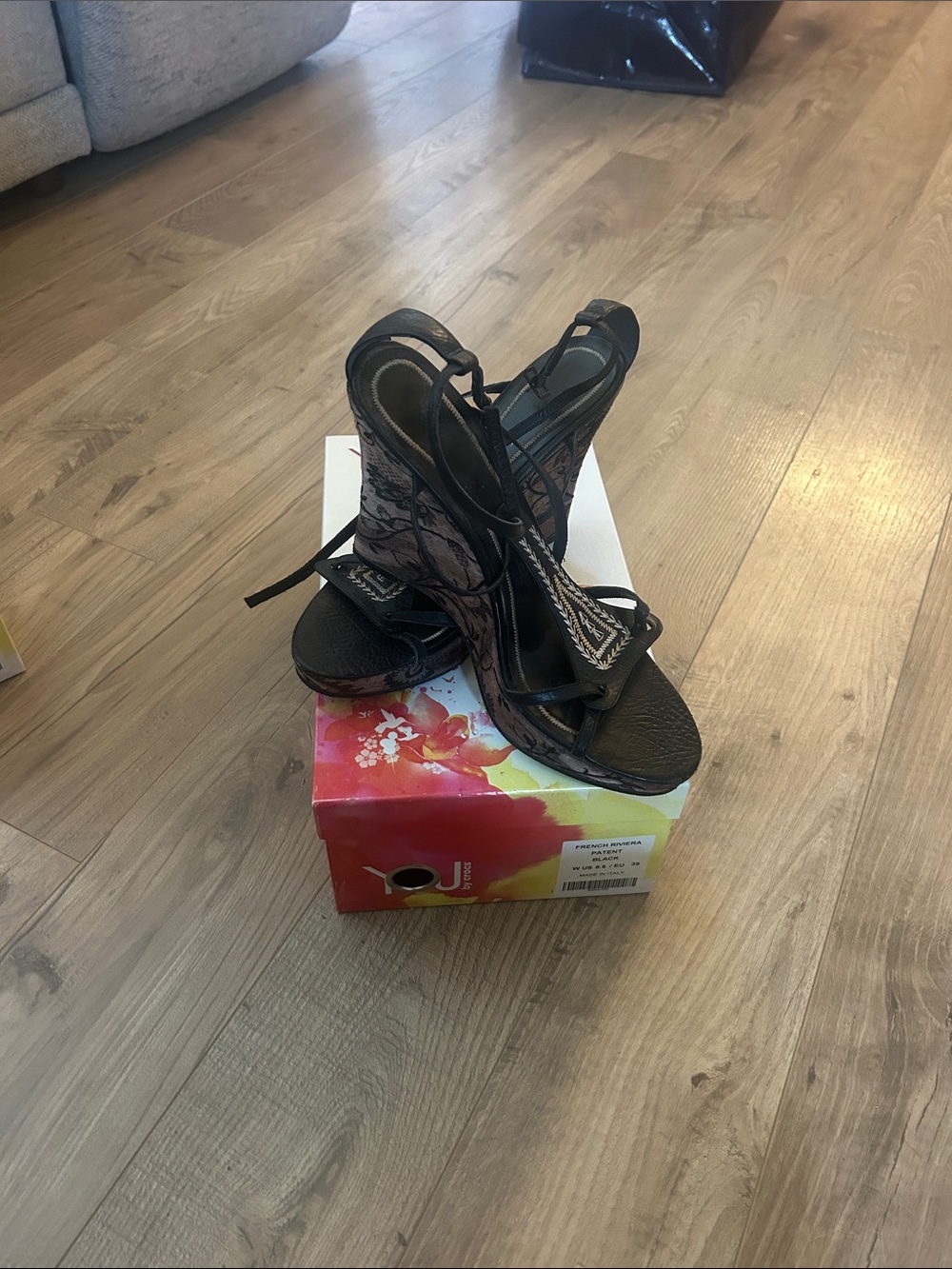 CROCS Black Lace-Up Wedge Heels with Patterned Overlay